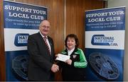 17 March 2018: Carmel Somers of Milltown GAA, Westmeath, receives the sixth prize, €1000 Lynn Providers voucher from Uachtarán Chumann Lúthchleas Gael John Horan during the presentation of prizes to the winners of the GAA National Club Draw at Croke Park in Dublin. Photo by Eóin Noonan/Sportsfile