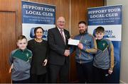 17 March 2018: Gerry Redmond and Ciaran Redmond, with their family from Sean O'Mahony's GAA, Louth, receiving the fourteenth prize, All Ireland hurling premium package, from Uachtarán Chumann Lúthchleas Gael John Horan during the presentation of prizes to the winners of the GAA National Club Draw at Croke Park in Dublin. Photo by Eóin Noonan/Sportsfile