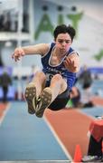 18 March 2018; Luke O'Carroll from Tralee Harriers AC, winner of the Boys U18 long jump event, during the Irish Life Health National Juvenile Indoor Championships day 2 at Athlone IT in Athlone, Co Westmeath. Photo by Tomás Greally/Sportsfile