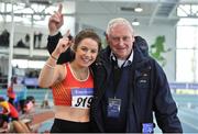 18 March 2018; Niamh O'Neill from St Colmans South Mayo and her Coach Jim Ryan after winning the Girls U18 Long Jump event, during the Irish Life Health National Juvenile Indoor Championships day 2 at Athlone IT in Athlone, Co Westmeath. Photo by Tomás Greally/Sportsfile