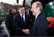 18 March 2018; CJ Stander of Ireland is greeted by Minister for Transport, Tourism and Sport, Shane Ross, T.D. during the Ireland Rugby homecoming at the Shelbourne Hotel in Dublin. Photo by David Fitzgerald/Sportsfile