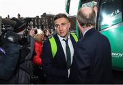 18 March 2018; Jordan Larmour of Ireland is greeted by Minister for Transport, Tourism and Sport, Shane Ross, T.D. during the Ireland Rugby homecoming at the Shelbourne Hotel in Dublin. Photo by David Fitzgerald/Sportsfile