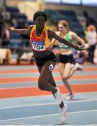 18 March 2018; Rhasidat Adeleke from Tallaght AC, crosses the line to win the Girls U17 60m event, during the Irish Life Health National Juvenile Indoor Championships day 2 at Athlone IT in Athlone, Co Westmeath. Photo by Tomás Greally/Sportsfile