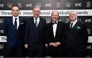 18 March 2018; Karl Donnelly, far left, Head of Sponsorship at 3 Ireland, FAI Chief Executive John Delaney, left, Shane Ross T.D. and FAI President Tony Fitzgerald, right, during the 3 FAI International Awards at RTE Studios in Donnybrook, Dublin. Photo by Seb Daly/Sportsfile