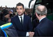 18 March 2018; Rob Kearney of Ireland is greeted by Minister for Transport, Tourism and Sport, Shane Ross, T.D. during the Ireland Rugby homecoming at the Shelbourne Hotel in Dublin. Photo by David Fitzgerald/Sportsfile