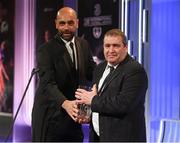 18 March 2018; Paul Knight accepts the Under 16 International Player of the Year award, on behalf of his son Jason Knight, from Republic of Ireland U16 manager Paul Osam during the 3 FAI International Awards at RTE Studios in Donnybrook, Dublin. Photo by Stephen McCarthy/Sportsfile