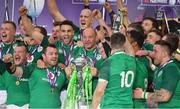 17 March 2018; Ireland players, including Dan Leavy, Jack McGrath, Cian Healy, Conor Murray and captain Rory Best celebrate with the trophy after the NatWest Six Nations Rugby Championship match between England and Ireland at Twickenham Stadium in London, England. Photo by Brendan Moran/Sportsfile