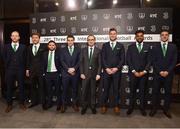 18 March 2018; Republic of Ireland manager Martin O'Neill, in the centre, is joined with from left, Aaron McCarty, Jeff Hendrick, Alan Judge, Seamus Coleman, Kevin Long, Cyrus Christy and Declan Rice during the 3 FAI International Awards at RTE Studios in Donnybrook, Dublin. Photo by Seb Daly/Sportsfile