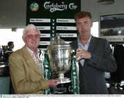 5 August 2003; Pat O'Hanlon of Kildare County, left, and Paul Ennis of Cherry Orchard, during the FAI Carlsberg Cup, 3rd round draw, at the Gravity Bar, Guinness Storehouse in James Street, Dublin. Photo by Ray McManus/Sportsfile