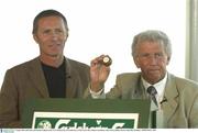 5 August 2003; John Giles and Eamonn Coghlan during the FAI Carlsberg Cup, 3rd round draw, at the Gravity Bar, Guinness Storehouse in James Street, Dublin. Photo by Ray McManus/Sportsfile