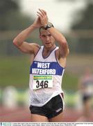 9 August 2003; Jamie Costin, West Waterford AC, celebrates in winning the Men's 10k Walk Final during the Woodie's DIY National Senior Track and Field Championships at Morton Stadium in Santry, Dublin. Photo by Brendan Moran/Sportsfile