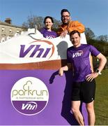 24 March 2018; David Gillick with Race Director Séamus Carrie and VHI representative Niamh Walker at the Oldbridge parkrun where Vhi hosted a special event to celebrate their partnership with parkrun Ireland. Vhi ambassador and Olympian David Gillick was on hand to lead the warm up for parkrun participants before completing the 5km free event. parkrunners enjoyed refreshments post event at the Vhi Relaxation Area where a physiotherapist took participants through a post event stretching routine. parkrun in partnership with Vhi support local communities in organising free, weekly, timed 5k runs every Saturday at 9.30am. To register for a parkrun near you visit www.parkrun.ie. Battle of the Boyne Visitor Centre, Co Meath. Photo by Piaras Ó Mídheach/Sportsfile