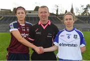 25 March 2018; Referee Brendan Rice from Down with Westmeath captain Laura Lee Walsh and Monaghan captain Sharon Courtney prior to the Lidl Ladies Football National League Division 1 Round 6 match between Monaghan and Westmeath at St Tiernach's Park in Clones, Monaghan. Photo by Philip Fitzpatrick/Sportsfile