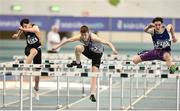 25 March 2018; Cian Dunne of Dundrum South Dublin A.C., Co Dublin, centre, competing in the Boys U16 60mH event, ahead of Jack Forde of St. Killian's A.C., Co Wexford, left, and Darra Casey of Bree A.C., Co Wexford, during Day 3 of the Irish Life Health National Juvenile Indoor Championships at Athlone IT, in Athlone, Westmeath. Photo by Sam Barnes/Sportsfile