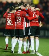 30 March 2018; Aaron McEneff, centre, celebrates with David Hopkirk and Ronan Curtis of Derry City after scoring his side's second goal during the SSE Airtricity League Premier Division match between Derry City and St Patrick's Athletic at the Brandywell Stadium in Derry. Photo by Oliver McVeigh/Sportsfile