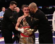 31 March 2018; Ryan Burnett, with trainer Adam Booth, following victory over Yonfrez Parejo during their WBA World Bantamweight bout at Principality Stadium in Cardiff, Wales. Photo by Lawrence Lustig / Matchroom Boxing via Sportsfile