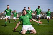 5 April 2018; Oisin Hand of Republic of Ireland, 5, celebrates after scoring his side's first goal with team-mates during the U15 International Friendly match between Republic of Ireland and Czech Republic at St Kevin's Boys FC in Whitehall, Dublin. Photo by Stephen McCarthy/Sportsfile