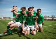 5 April 2018; Oisin Hand of Republic of Ireland, 5, celebrates after scoring his side's first goal with team-mates during the U15 International Friendly match between Republic of Ireland and Czech Republic at St Kevin's Boys FC, in Whitehall, Dublin. Photo by Stephen McCarthy/Sportsfile