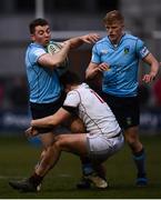 5 April 2018; Jamie Glynn of UCD is tackled by Kyle Dixon of Trinity during the Annual Rugby Colours Match 2018 match between UCD and Trinity at College Park in Trinity College, Dublin. Photo by Stephen McCarthy/Sportsfile