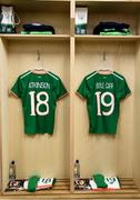 6 April 2018; The jerseys assigned to Isibeal Atkinson and Amy Boyle Carr of Republic of Ireland hang in the dressing room prior to the 2019 FIFA Women's World Cup Qualifier match between Republic of Ireland and Slovakia at Tallaght Stadium in Tallaght, Dublin. Photo by Stephen McCarthy/Sportsfile
