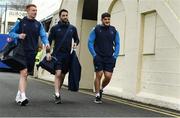 7 April 2018; Ciaran Frawley, left, Barry Daly, centre, and Vakh Abdaladze of Leinster arrive ahead of the Guinness PRO14 Round 19 match between Leinster and Zebre at the RDS Arena in Dublin. Photo by Ramsey Cardy/Sportsfile