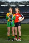 11 April 2018; The Lidl All Ireland Post Primary Schools Finals were launched today at Croke Park. The finals will be contested at Senior and Junior levels, with three finals in each grade. It’s an all-Loreto decider in the Senior A final, with Loreto (Clonmel, Tipperary) meeting Loreto (Cavan). Meanwhile, Glenamaddy (Galway) will play Presentation, Thurles (Tipperary) in the senior B final and in the senior C decider, Coláiste Bhaile Chláir, Claregalway (Galway) will take on Scoil Mhuire, Trim (Meath). Loreto (Cavan) are also in the junior A decider, where their opponents are ISK, Killorglin (Kerry). In the junior B final, Coláiste Bhaile Chláir, Claregalway (Galway) are also involved, and their opponents are St Brigid’s S.S., Killarney, Kerry. Finally, the junior C final is the meeting of St Marys H.S., Midleton (Cork) and St Clare's Comprehensive, Manorhamilton (Leitrim). Full fixture details available at www.ladiesgaelic.ie. Pictured are Junior C Finalists Laura Fowley, St Clare's, Leitrim, left, and Aine O'Driscoll, St Mary's, Cork. Croke Park, Dublin. Photo by Piaras Ó Mídheach/Sportsfile