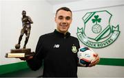 12 April 2018; Graham Burke of Shamrock Rovers pictured with his SSE Airtricity/SWAI Player of the Month for March at Tallaght Stadium in Tallaght, Co Dublin. Photo by Sam Barnes/Sportsfile