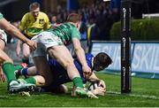 14 April 2018; Barry Daly of Leinster dives in to score his side's second try during the Guinness PRO14 Round 20 match between Leinster and Benetton Rugby at the RDS Arena in Dublin. Photo by Seb Daly/Sportsfile