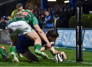 14 April 2018; Barry Daly of Leinster dives in to score his side's second try during the Guinness PRO14 Round 20 match between Leinster and Benetton Rugby at the RDS Arena in Dublin. Photo by Seb Daly/Sportsfile