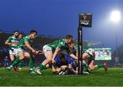 14 April 2018; Barry Daly of Leinster dives over to score his side's second try during the Guinness PRO14 Round 20 match between Leinster and Benetton Rugby at the RDS Arena in Dublin. Photo by Seb Daly/Sportsfile