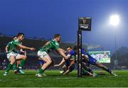 14 April 2018; Barry Daly of Leinster dives over to score his side's second try during the Guinness PRO14 Round 20 match between Leinster and Benetton Rugby at the RDS Arena in Dublin. Photo by Seb Daly/Sportsfile