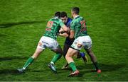 14 April 2018; Noel Reid of Leinster is tackled by Tommaso Allan, left, and Alberto Sgarbi of Benetton Rugby during the Guinness PRO14 Round 20 match between Leinster and Benetton Rugby at the RDS Arena in Dublin. Photo by Brendan Moran/Sportsfile