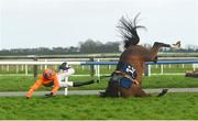 17 April 2018; Nessun Dorma, with Bryan Cooper up, falls at the last at The RYBO Handicap Hurdle on Handicap Hurdle Day during the Fairyhouse Festival at Fairyhouse Racecourse in Meath. Photo by David Fitzgerald/Sportsfile