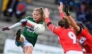 22 April 2018; Sarah Rowe of Mayo is tackled by Brid O’Sullivan, left, and Eimear Meaney of Cork during the Lidl Ladies Football National League Division 1 semi-final match between Cork and Mayo at St Brendan's Park in Birr, Offaly. Photo by Ramsey Cardy/Sportsfile