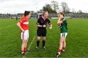22 April 2018; Referee Brendan Rice shares a joke with team captains Ciara O’Sullivan of Cork and Sarah Tierney of Mayo ahead of the Lidl Ladies Football National League Division 1 semi-final match between Cork and Mayo at St Brendan's Park in Birr, Offaly. Photo by Ramsey Cardy/Sportsfile
