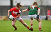 22 April 2018; Eimear Scally of Cork is tackled by Sarah Tierney of Mayo during the Lidl Ladies Football National League Division 1 semi-final match between Cork and Mayo at St Brendan's Park in Birr, Offaly. Photo by Ramsey Cardy/Sportsfile
