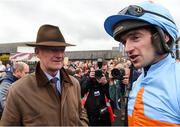 24 April 2018; Trainer Willie Mullins, left, with jockey Patrick Mullins after sending out Un De Sceaux to win the BoyleSports Champion Steeplechase with  at Punchestown Racecourse in Naas, Co. Kildare. Photo by Matt Browne/Sportsfile
