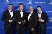 24 April 2018; Jordi Murphy, left, Peadar Timmins, 2nd from left, and Cathal Marsh, right, are presented with their Leinster caps on the occasion of their departure from the province at the end of the season by President of Leinster Rugby Niall Rynne. The Awards, taking place at the InterContinental Dublin and MC’d by Darragh Maloney, were a celebration of the 2017/18 Leinster Rugby season to date and over the course of the evening Leinster Rugby acknowledged the contributions of retirees Isa Nacewa, Richardt Strauss and Jamie Heaslip as well as presenting Leinster Rugby caps to departees Jordi Murphy, Cathal Marsh and Peadar Timmins. Former Leinster and Ireland player Paul McNaughton was inducted into the Guinness Hall of Fame. Some of the other Award winners on the night included; Blackrock College (Deep River Rock School of the Year), Hugh Woodhouse, Mullingar RFC (Beauchamps Contribution to Leinster Rugby Award), MU Barnhall RFC (CityJet Senior Club of the Year), Gorey Community School (Irish Independent Development School of the Year Award), Wicklow RFC (Bank of Ireland Junior Club of the Year) and Nora Stapleton (Energia Women’s Rugby Award). Photo by Brendan Moran/Sportsfile