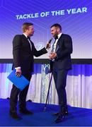 24 April 2018; Fergus McFadden with the Canterbury Tackle of the Year award. The Awards, taking place at the InterContinental Dublin and MC’d by Darragh Maloney, were a celebration of the 2017/18 Leinster Rugby season to date and over the course of the evening Leinster Rugby acknowledged the contributions of retirees Isa Nacewa, Richardt Strauss and Jamie Heaslip as well as presenting Leinster Rugby caps to departees Jordi Murphy, Cathal Marsh and Peadar Timmins. Former Leinster and Ireland player Paul McNaughton was inducted into the Guinness Hall of Fame. Some of the other Award winners on the night included; Blackrock College (Deep River Rock School of the Year), Hugh Woodhouse, Mullingar RFC (Beauchamps Contribution to Leinster Rugby Award), MU Barnhall RFC (CityJet Senior Club of the Year), Gorey Community School (Irish Independent Development School of the Year Award), Wicklow RFC (Bank of Ireland Junior Club of the Year) and Nora Stapleton (Energia Women’s Rugby Award). Photo by Ramsey Cardy/Sportsfile