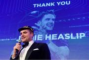 24 April 2018; Recently retired Leinster player Jamie Heaslip during the awards ball. The Awards, taking place at the InterContinental Dublin and MC’d by Darragh Maloney, were a celebration of the 2017/18 Leinster Rugby season to date and over the course of the evening Leinster Rugby acknowledged the contributions of retirees Isa Nacewa, Richardt Strauss and Jamie Heaslip as well as presenting Leinster Rugby caps to departees Jordi Murphy, Cathal Marsh and Peadar Timmins. Former Leinster and Ireland player Paul McNaughton was inducted into the Guinness Hall of Fame. Some of the other Award winners on the night included; Blackrock College (Deep River Rock School of the Year), Hugh Woodhouse, Mullingar RFC (Beauchamps Contribution to Leinster Rugby Award), MU Barnhall RFC (CityJet Senior Club of the Year), Gorey Community School (Irish Independent Development School of the Year Award), Wicklow RFC (Bank of Ireland Junior Club of the Year) and Nora Stapleton (Energia Women’s Rugby Award). Photo by Ramsey Cardy/Sportsfile
