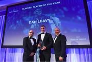 24 April 2018; Dan Leavy is presented with the Bank of Ireland Player’s Player of the Year award by Oliver Wall, Chief of Staff, Bank of Ireland, and Leinster Rugby President Niall Rynne. The Awards, taking place at the InterContinental Dublin and MC’d by Darragh Maloney, were a celebration of the 2017/18 Leinster Rugby season to date and over the course of the evening Leinster Rugby acknowledged the contributions of retirees Isa Nacewa, Richardt Strauss and Jamie Heaslip as well as presenting Leinster Rugby caps to departees Jordi Murphy, Cathal Marsh and Peadar Timmins. Former Leinster and Ireland player Paul McNaughton was inducted into the Guinness Hall of Fame. Some of the other Award winners on the night included; Blackrock College (Deep River Rock School of the Year), Hugh Woodhouse, Mullingar RFC (Beauchamps Contribution to Leinster Rugby Award), MU Barnhall RFC (CityJet Senior Club of the Year), Gorey Community School (Irish Independent Development School of the Year Award), Wicklow RFC (Bank of Ireland Junior Club of the Year) and Nora Stapleton (Energia Women’s Rugby Award). Photo by Ramsey Cardy/Sportsfile