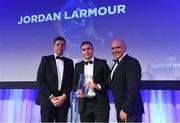 24 April 2018; Jordan Larmour is presented with the Irish Independent Try of the Year award presented by Ruaidhri O'Connor, Irish Independent Rugby Correspondent, and Leinster Rugby President Niall Rynne. The Awards, taking place at the InterContinental Dublin and MC’d by Darragh Maloney, were a celebration of the 2017/18 Leinster Rugby season to date and over the course of the evening Leinster Rugby acknowledged the contributions of retirees Isa Nacewa, Richardt Strauss and Jamie Heaslip as well as presenting Leinster Rugby caps to departees Jordi Murphy, Cathal Marsh and Peadar Timmins. Former Leinster and Ireland player Paul McNaughton was inducted into the Guinness Hall of Fame. Some of the other Award winners on the night included; Blackrock College (Deep River Rock School of the Year), Hugh Woodhouse, Mullingar RFC (Beauchamps Contribution to Leinster Rugby Award), MU Barnhall RFC (CityJet Senior Club of the Year), Gorey Community School (Irish Independent Development School of the Year Award), Wicklow RFC (Bank of Ireland Junior Club of the Year) and Nora Stapleton (Energia Women’s Rugby Award). Photo by Ramsey Cardy/Sportsfile