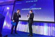 24 April 2018; Jordan Larmour with the Irish Independent Try of the Year award. The Awards, taking place at the InterContinental Dublin and MC’d by Darragh Maloney, were a celebration of the 2017/18 Leinster Rugby season to date and over the course of the evening Leinster Rugby acknowledged the contributions of retirees Isa Nacewa, Richardt Strauss and Jamie Heaslip as well as presenting Leinster Rugby caps to departees Jordi Murphy, Cathal Marsh and Peadar Timmins. Former Leinster and Ireland player Paul McNaughton was inducted into the Guinness Hall of Fame. Some of the other Award winners on the night included; Blackrock College (Deep River Rock School of the Year), Hugh Woodhouse, Mullingar RFC (Beauchamps Contribution to Leinster Rugby Award), MU Barnhall RFC (CityJet Senior Club of the Year), Gorey Community School (Irish Independent Development School of the Year Award), Wicklow RFC (Bank of Ireland Junior Club of the Year) and Nora Stapleton (Energia Women’s Rugby Award). Photo by Ramsey Cardy/Sportsfile