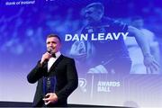 24 April 2018; Dan Leavy with the Bank of Ireland Player’s Player of the Year award. The Awards, taking place at the InterContinental Dublin and MC’d by Darragh Maloney, were a celebration of the 2017/18 Leinster Rugby season to date and over the course of the evening Leinster Rugby acknowledged the contributions of retirees Isa Nacewa, Richardt Strauss and Jamie Heaslip as well as presenting Leinster Rugby caps to departees Jordi Murphy, Cathal Marsh and Peadar Timmins. Former Leinster and Ireland player Paul McNaughton was inducted into the Guinness Hall of Fame. Some of the other Award winners on the night included; Blackrock College (Deep River Rock School of the Year), Hugh Woodhouse, Mullingar RFC (Beauchamps Contribution to Leinster Rugby Award), MU Barnhall RFC (CityJet Senior Club of the Year), Gorey Community School (Irish Independent Development School of the Year Award), Wicklow RFC (Bank of Ireland Junior Club of the Year) and Nora Stapleton (Energia Women’s Rugby Award). Photo by Ramsey Cardy/Sportsfile