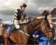 25 April 2018; Jockey David Mullins enters the winners' enclosure after winning the Coral Punchestown Gold Cup on Bellshill at Punchestown Racecourse in Naas, Co. Kildare. Photo by Seb Daly/Sportsfile