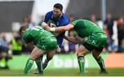 28 April 2018; Barry Daly of Leinster is tackled by Matt Healy, left, and Tom Farrell of Connacht during the Guinness PRO14 Round 21 match between Connacht and Leinster at the Sportsground in Galway. Photo by Ramsey Cardy/Sportsfile