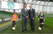 1 May 2018; Republic of Ireland manager Martin O'Neill and Republic of Ireland Women's head coach Colin Bell pictured with local soccer players, Brayden Roche, left, age 7, and Layla Matthews, age 10, at the SportsDirect FAI Summer Soccer Schools launch at the Aviva Stadium in Dublin. Photo by David Fitzgerald/Sportsfile