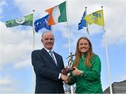 4 May 2018; Amber Barrett of Peamount United is presented with their Continental Tyres Women's National League Player of the Month for March/April by Tom Dennigan of Continental Tyres Group at the FAI HQ in Dublin. Photo by Harry Murphy/Sportsfile