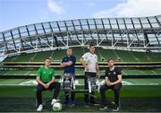 4 May 2018; Players from left, Pa Mullins of Pike Rovers, Paul Murphy of North End United, Darren Forsyth of Firhouse Clover and Jake Corrigan of Maynooth University town  during the FAI Intermediate & FAI Junior Cup Finals Media Day at the Aviva Stadium in Dublin. Photo by Eóin Noonan/Sportsfile