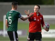 7 May 2018; Ronan Curtis of Derry City, right, with the match ball after scoring a hat trick celebrates with team mate Eoin Toal after the EA Sports Cup Quarter-Final match between Derry City and Shelbourne at the Brandywell Stadium in Derry. Photo by Oliver McVeigh/Sportsfile